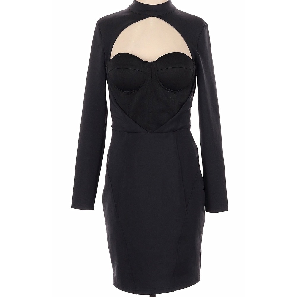 Asilio Black Cut Out Bustier Bodycon Mini Dress High Neck Long Sleeve US 6